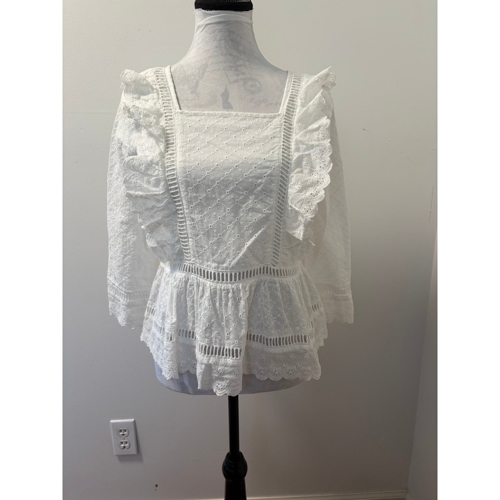 Vestique Boho Cottagecore Prarie Eyelet Peplum Blouse Cotton Boho Top S JT1863